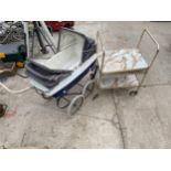 A THREE TIER TEA TROLLEY AND A VINTAGE DOLLS PRAM