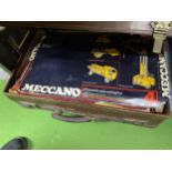A LEATHER SUITCASE CONTAINING ASSORTED MECCANO ITEMS