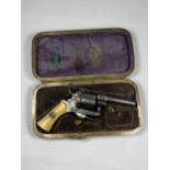 A RARE MID 19TH CENTURY TWIN SECTION GAMBLERS CASE CONTAINING A SIX SHOT PIN FIRE REVOLVER, LENGTH
