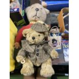 A VINTAGE BURBANK STYLE RUPERT THE BEAR, THE GREAT BRITISH SHERLOCK BEAR AND A SMALL PADDINGTON BEAR