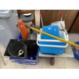 A LARGE ASSORTMENT OF ITEMS TO INCLUDE A WHEEL BARROW, A COOL BOX AND A CHESHIRE EAST COUNCIL