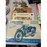 A VINTAGE MOTORCYCLE TIN SIGN TOGETHER WITH FURTHER MEMORABILLIA AND THREE BRASS BIRDS