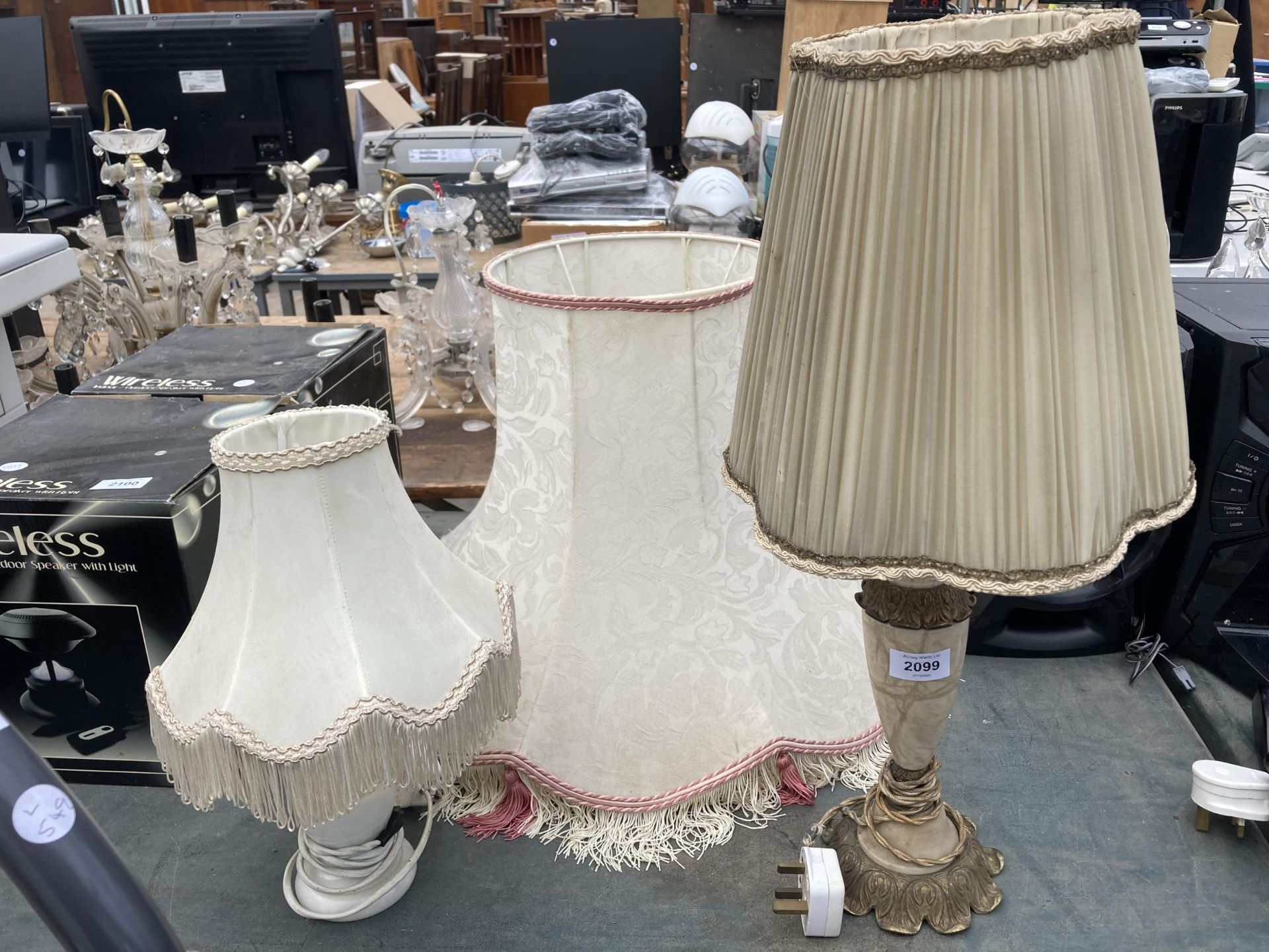 TWO TABLE LAMPS WITH SHADES AND A FURTHER LARGE LIGHT SHADE