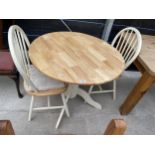 A MODERN 35" DIAMETER DROP LEAF DINING TABLE AND TWO WINDSOR STYLE CHAIRS