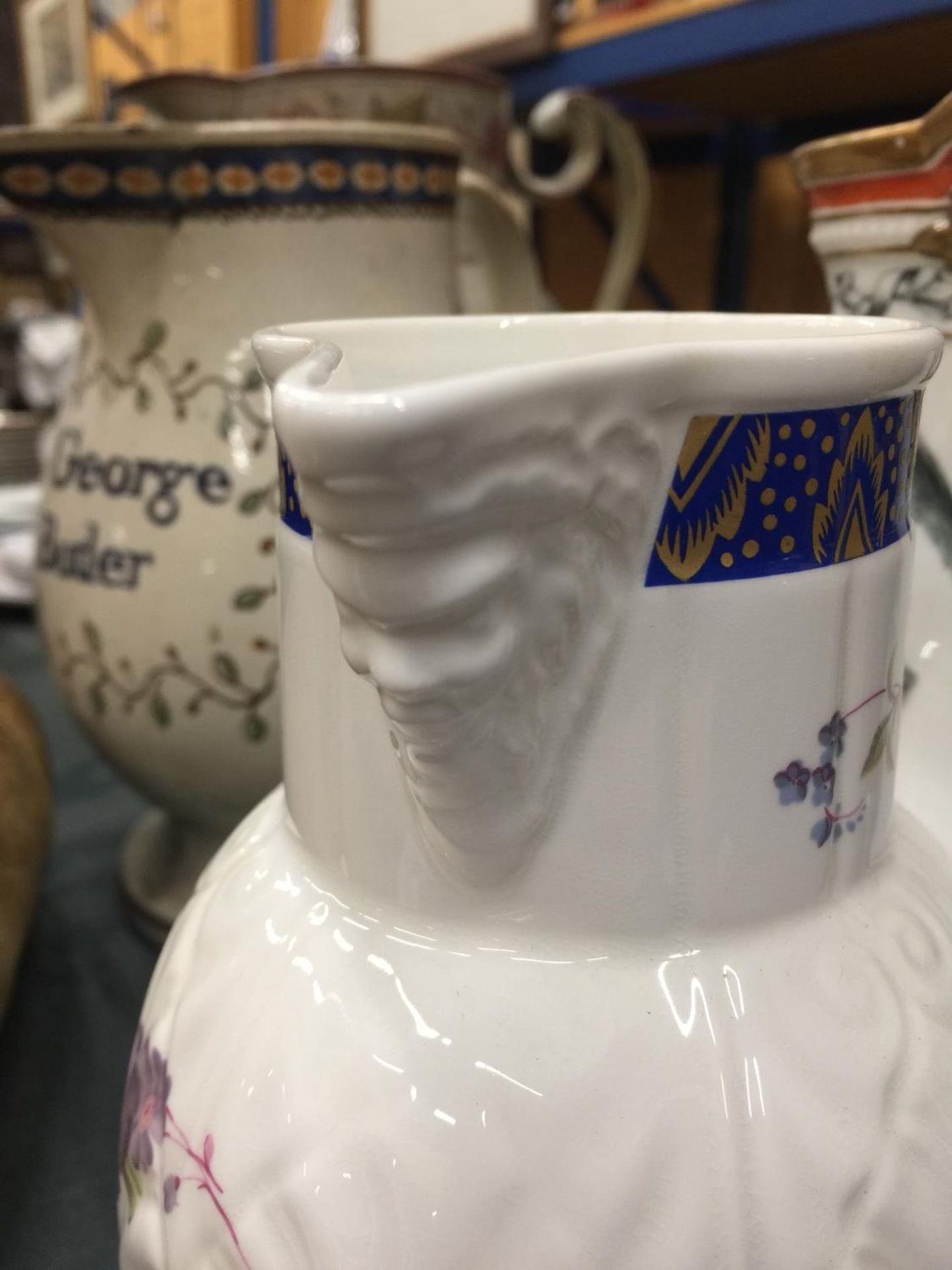 TWO VINTAGE JUGS, ONE TRANSFER PATTERNED 'THE OLD PATRIOTIC JUG' PLUS A COPY OT 'THE CAUGHLEY MASK- - Image 2 of 4