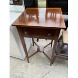AN EDWARDIAN MAHOGANY AND INLAID 16" SQUARE TWO TIER OCCASIONAL TABLE WITH SINGLE DRAWER