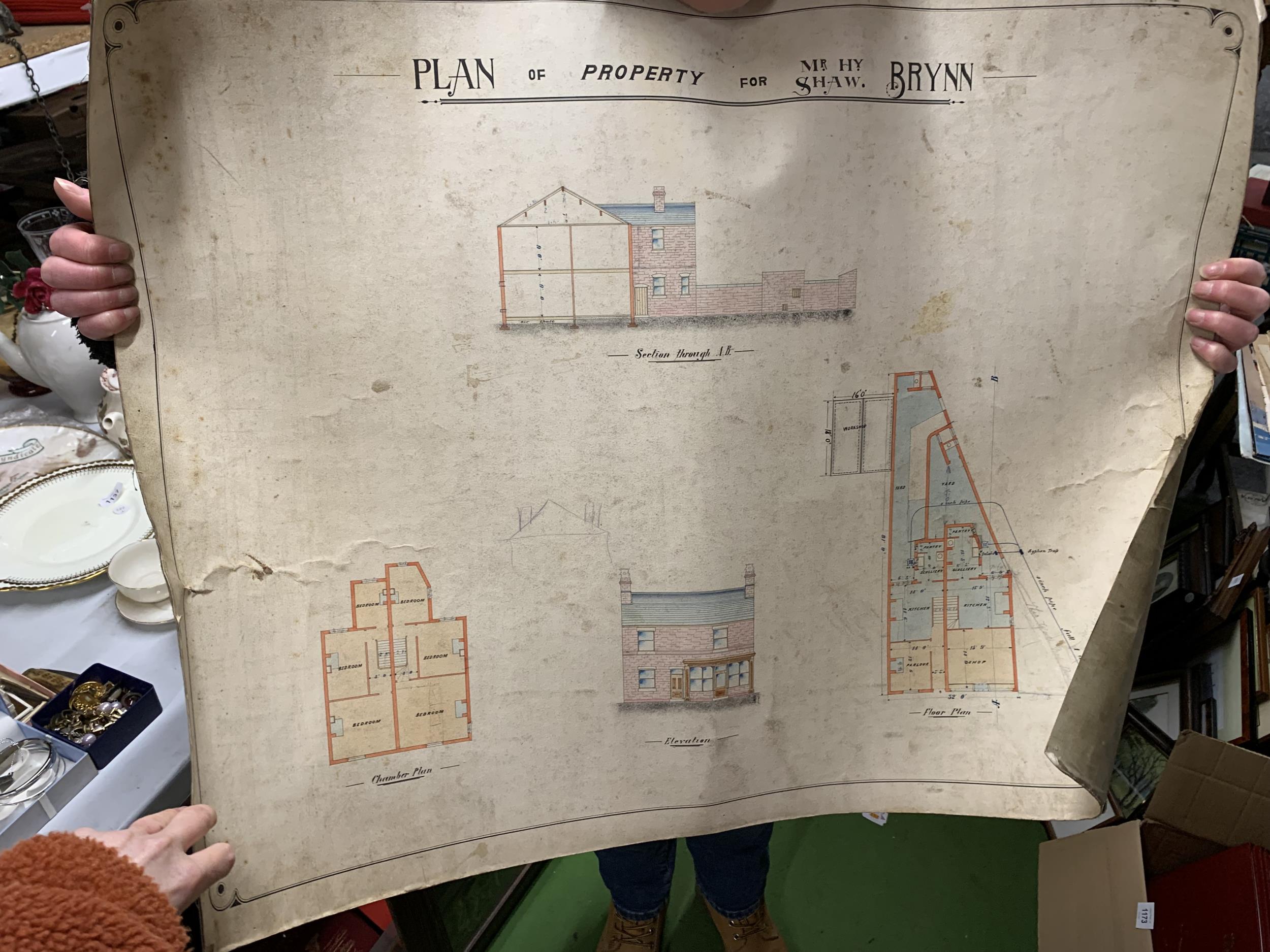 A VINTAGE 1960'S ARCHITECTS PLAN OF A HOUSE ON MATERIAL BACKED CARD, A PRINT, ETC - Image 2 of 2