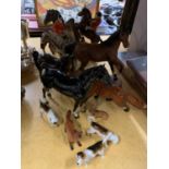 A COLLECTION OF CERAMIC HORSES, FOXES AND HOUNDS ALL A/F TOGETHER WITH A SMALL TIN OF COSTUME