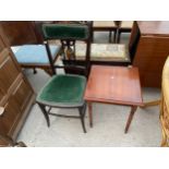 AN EDWARDIAN EBONISED AND INLAID BEDROOM CHAIR AND MODERN YEW WOOD SMALL TABLE