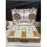 A RETRO BREXTON PICNIC HAMPER COMPLETE WITH SIX SETTINGS, FLASKS, SANDWICH BOXES AND SALT AND PEPPER