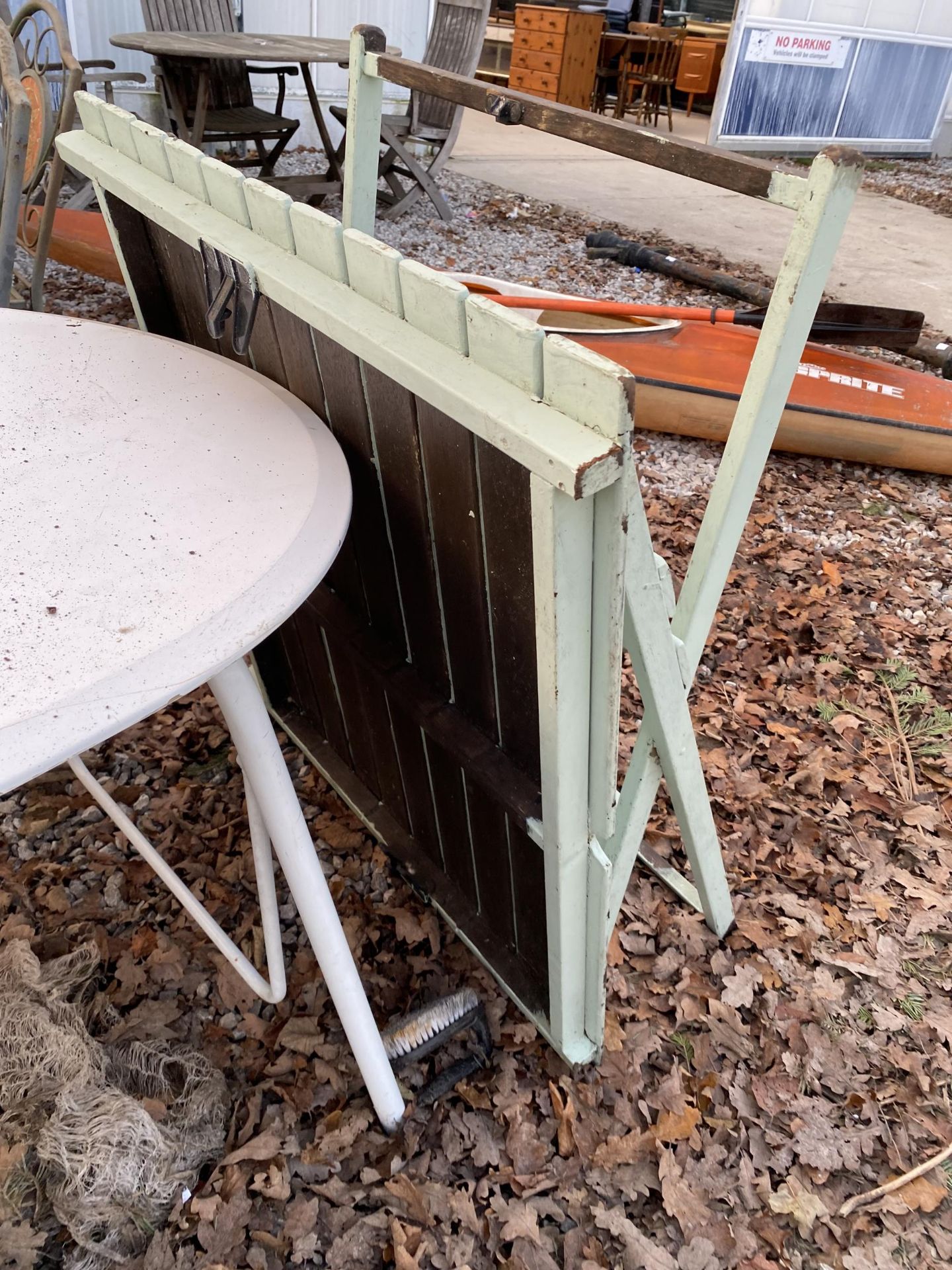 A LARGE WOODEN TOPPED TABLE AND A FOLDING WOODEN GARDEN TABLE - Image 3 of 4