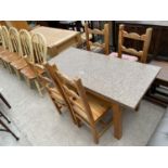 A MODERN DINING TABLE WITH GRANITE EFFECT TOP ON PINE BASE AND FOUR PINE DINING CHAIRS, 51X24"