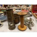 A VINTAGE 'ECCLES' SAFETY MINERS LAMP, WOODEN BOBBIN, METAL BANDED BOWL, HORSE BITS, ETC