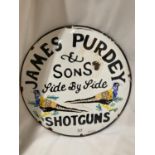 AN ENAMEL SIGN 'JAMES PURDEY AND SONS SHOTGUNS DIAMETER 29.5CM
