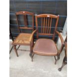 AN EDWARDIAN MAHOGANY ELBOW CHAIR COMPLETE WITH A MAHOGANY AND INLAID BEDROOM CHAIR