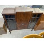 A MID 20TH CENTURY ART DECO WALNUT SIDE BY SIDE BUREAU ON CABRIOLE LEGS 46 INCHES WIDE