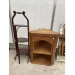 A MAHOGANY THREE TIER AFTERNOON TEA STAND AND SMALL PINE CORNER UNIT