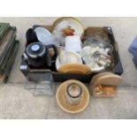 AN ASSORTMENT OF ITEMS TO INCLUDE GLASSES, CERAMICS AND A KETTLE ETC