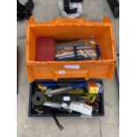 A TOOL BOX WITH AN ASSORTMENT OF TOOLS TO INCLUDE SPANNERS AND FILES ETC