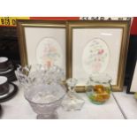 A PAIR OF FLORAL PRINTS IN GILT FRAMES PLUS GLAAS BOWLS, CANDLESTICK, ETC