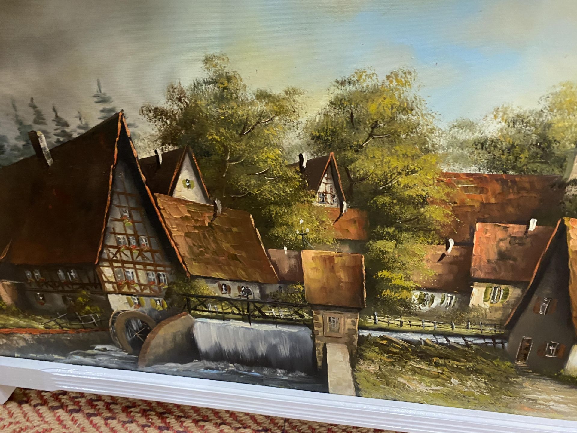 GERMAN VILLAGE WITH WATERMILL, OIL ON CANVAS, INDISTINCTLY SIGNED, 50X100CM, FRAMED - Image 2 of 2