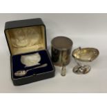 A MIXED LOT TO INCLUDE A BOXED HALLMARKED SPOON, TRINKET BOX, EPNS BASKET AND TRENCH ART BULLET