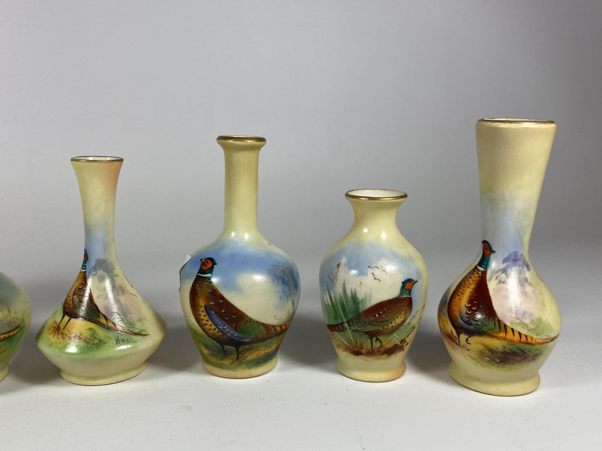 EIGHT LOCKE & CO WORCESTER HAND PAINTED CERAMIC PHEASANT DESIGN MINIATURE VASES, (SEVEN SIGNED BY - Bild 3 aus 4