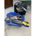 AN ASSORTMENT OF TOOLS TO INCLUDE A JERRY CAN, SAWS AND TROWELS ETC