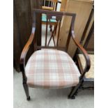 AN EDWARDIAN MAHOGANY AND INLAID ELBOW CHAIR