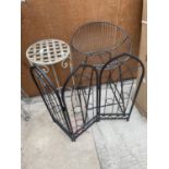 AN ASSORTMENT OF ITEMS TO INCLUDE A METAL STOOL, JARDINAIRE STAND AND A FOLDING FRAME ETC