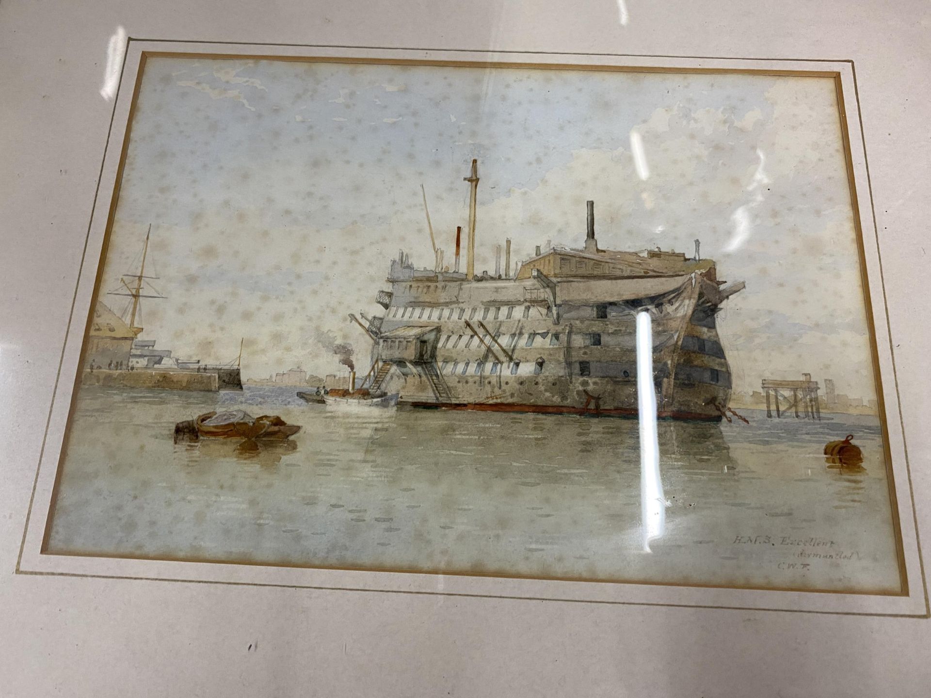 A PAIR OF 19TH CENTURY MARITIME / NAVAL WATERCOLOURS OF H.M.S EXCELLENT & H.M.S CAMBRIDGE, SIGNED - Image 4 of 9