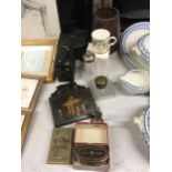 A MIXED LOT TO INCLUDE VINTAGE CAMERAS, A MONEY BANK, BRASS BLOTTER, GLASS INWELL, SUGAR SHAKER,