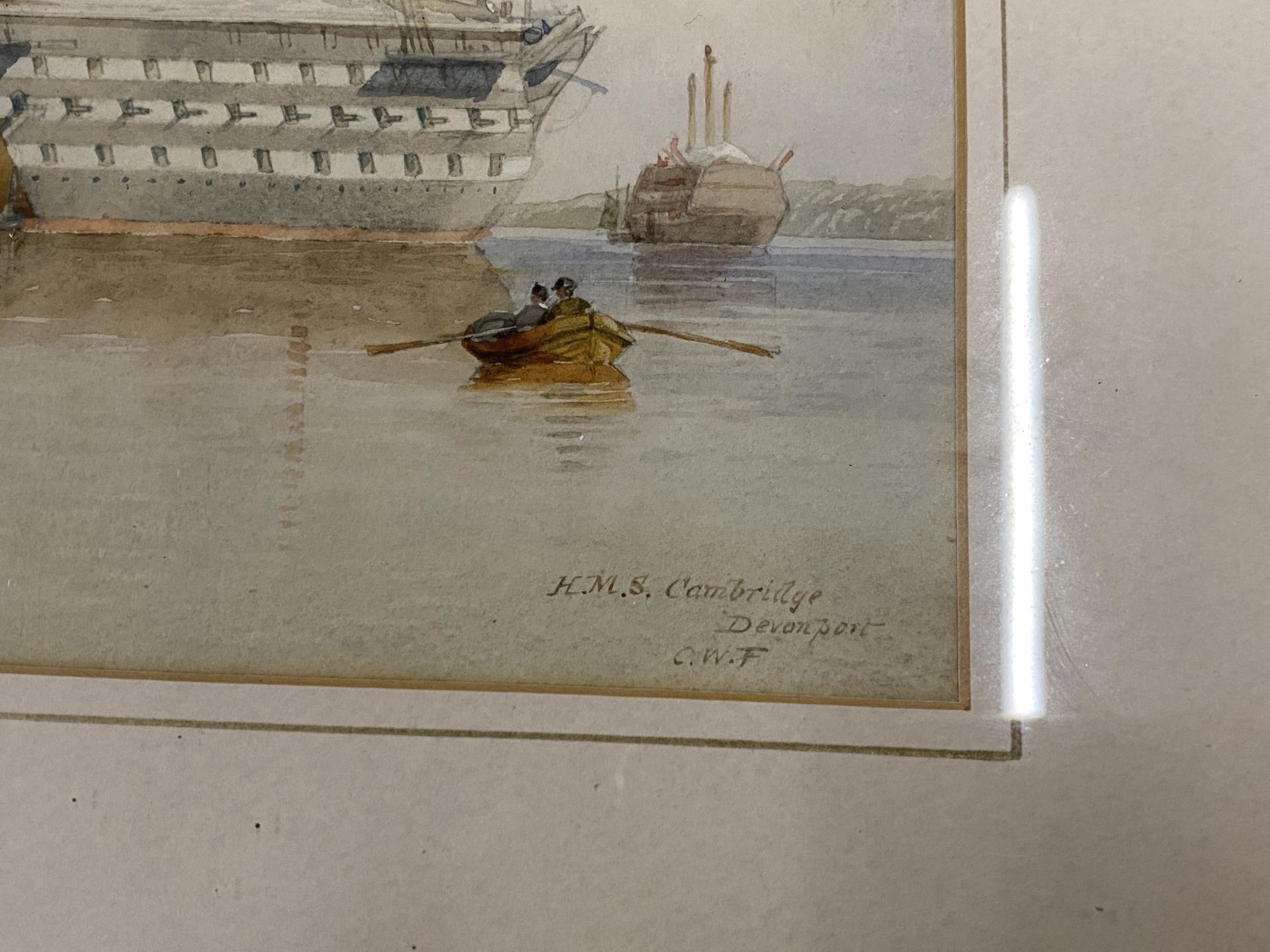 A PAIR OF 19TH CENTURY MARITIME / NAVAL WATERCOLOURS OF H.M.S EXCELLENT & H.M.S CAMBRIDGE, SIGNED - Image 7 of 9