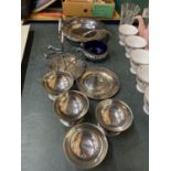 A QUANTITY OF SILVER PLATED ITEMS TO INCLUDE DISHES, A BASKET BOWL WITH HANDLE, PLATES, ETC