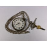 A LADIES HALLMARKED SILVER POCKET WATCH WITH PLATED ALBERT CHAIN