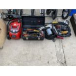 A LARGE ASSORTMENT OF TOOLS TO INCLUDE SCREW DRIVERS, PRESSURE WASHER PIUPE, A COMPRESSORE PAINT