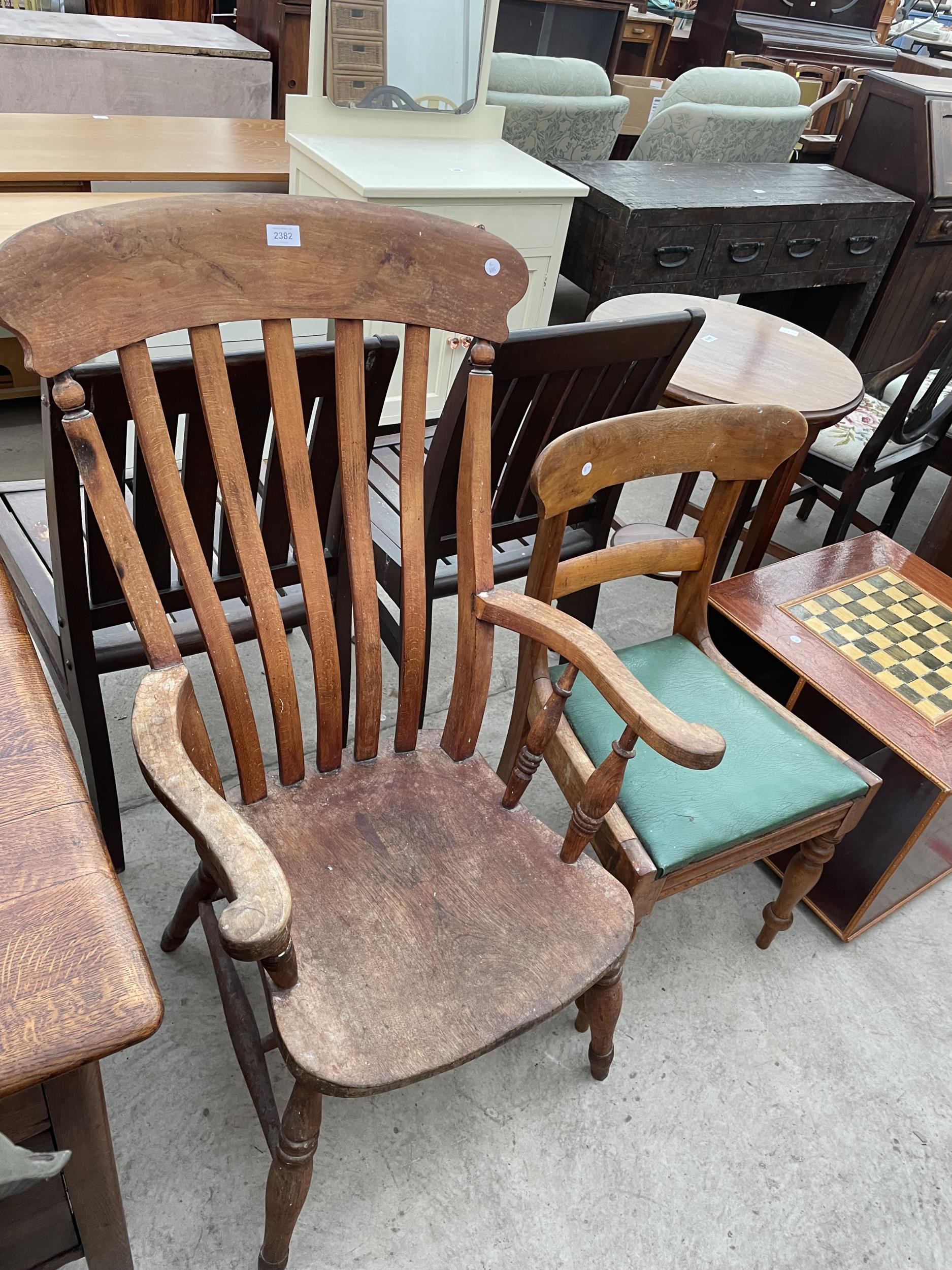 A VICTORIAN ELM AND BEECH FARMHOUSE CHAIR AND SATINWOOD DINING CHAIR