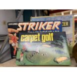 THREE VINTAGE GAMES TO INCLUDE CARPET GOLF, STRIKER AND TABLE TOP SOCCER