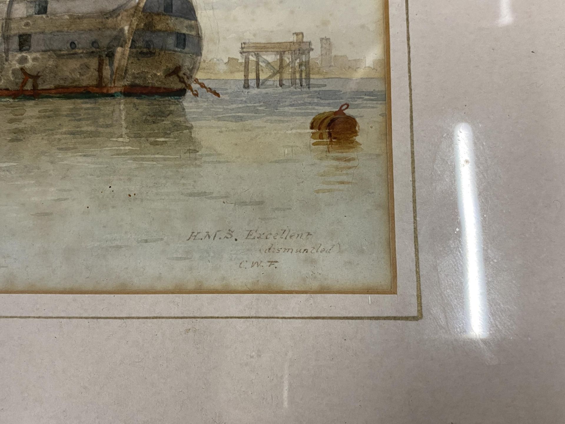 A PAIR OF 19TH CENTURY MARITIME / NAVAL WATERCOLOURS OF H.M.S EXCELLENT & H.M.S CAMBRIDGE, SIGNED - Image 5 of 9