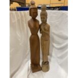 TWO HAND CARVED ORIENTAL STYLE FIGURES OF LADIES HEIGHT 64CM AND 67CM