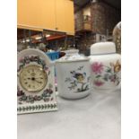 A PORTMEIRION MANTLE CLOCK, SPODE 'QUEENS BIRD' STORAGE JAR AND COALPORT GINGER JAR