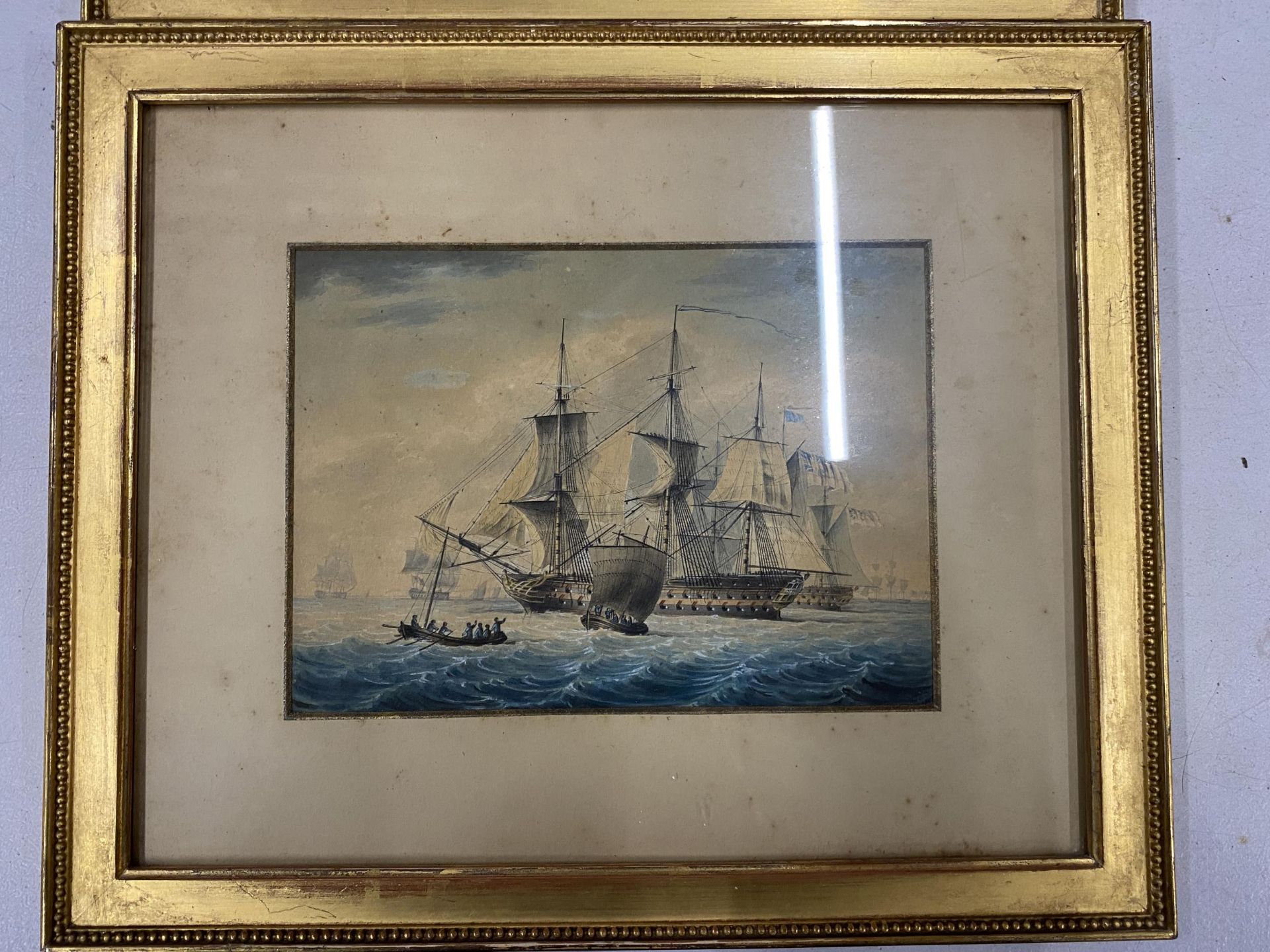 A PAIR OF EARLY 20TH CENTURY MARITIME / NAVAL GILT FRAMED WATERCOLOURS OF SHIPS, LABELS VERSO, 24 - Image 2 of 8