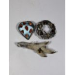 THREE VINTAGE SILVER BROOCHES, CAIRNGORM SCOTTISH ANIMAL PAW BROOCH ETC