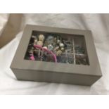 A BOX CONTAINING A QUANTITY OF COSTUME JEWELLERY TO INCLUDE BEADS, NECKLACES, BRACELETS, RINGS,