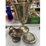 THREE PIECES OF SILVER PLATED ITEMS TO INCLUDE A VASE, SHELL DISH AND A SCUTTLE AND SCOOP