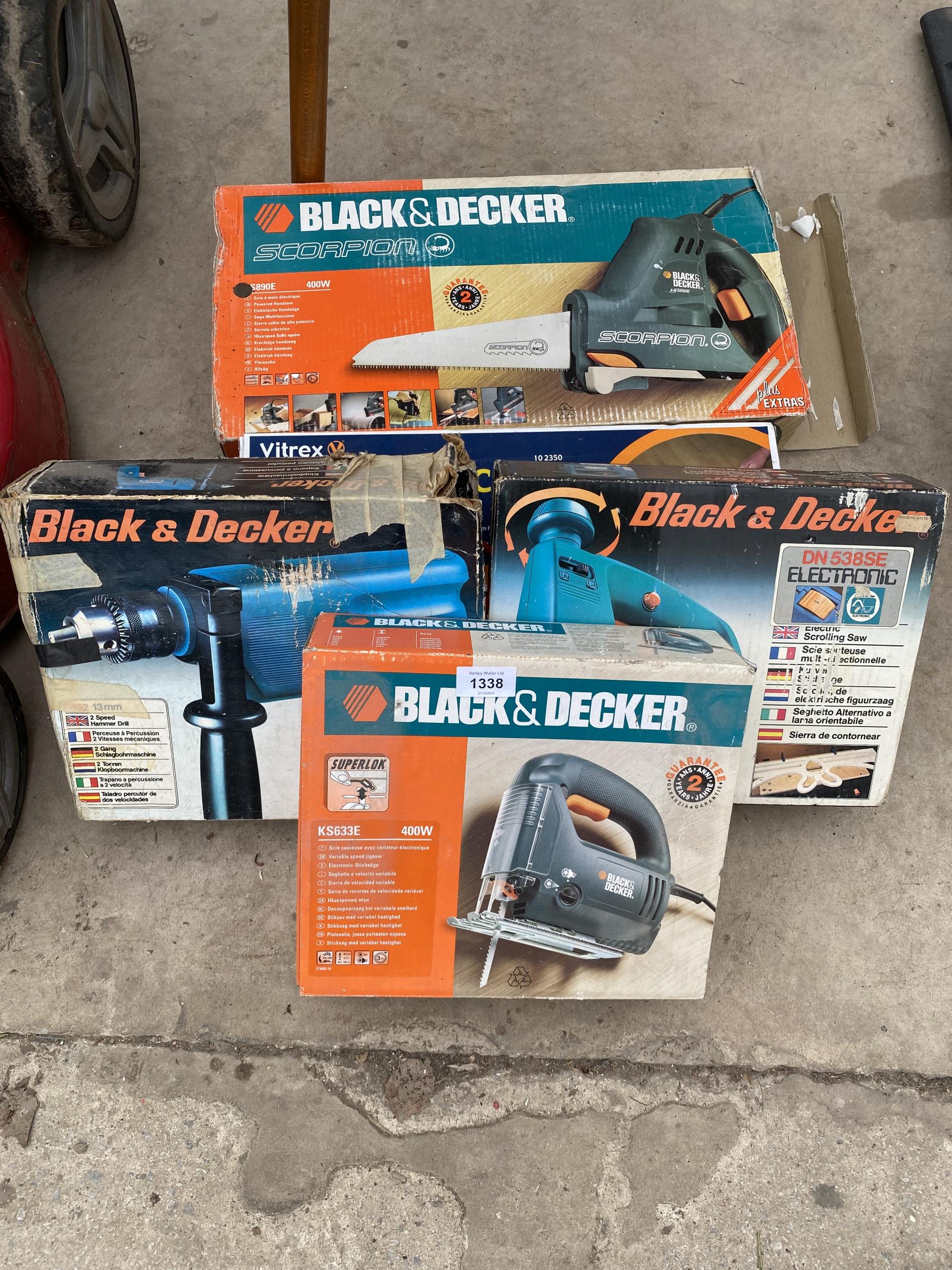 AN ASSORTMENT OF BLACK AND DECKER POWER TOOLS TO INCLUDE A JIGSAW, SCORPION SAW AND DRILL ETC