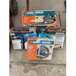 AN ASSORTMENT OF BLACK AND DECKER POWER TOOLS TO INCLUDE A JIGSAW, SCORPION SAW AND DRILL ETC