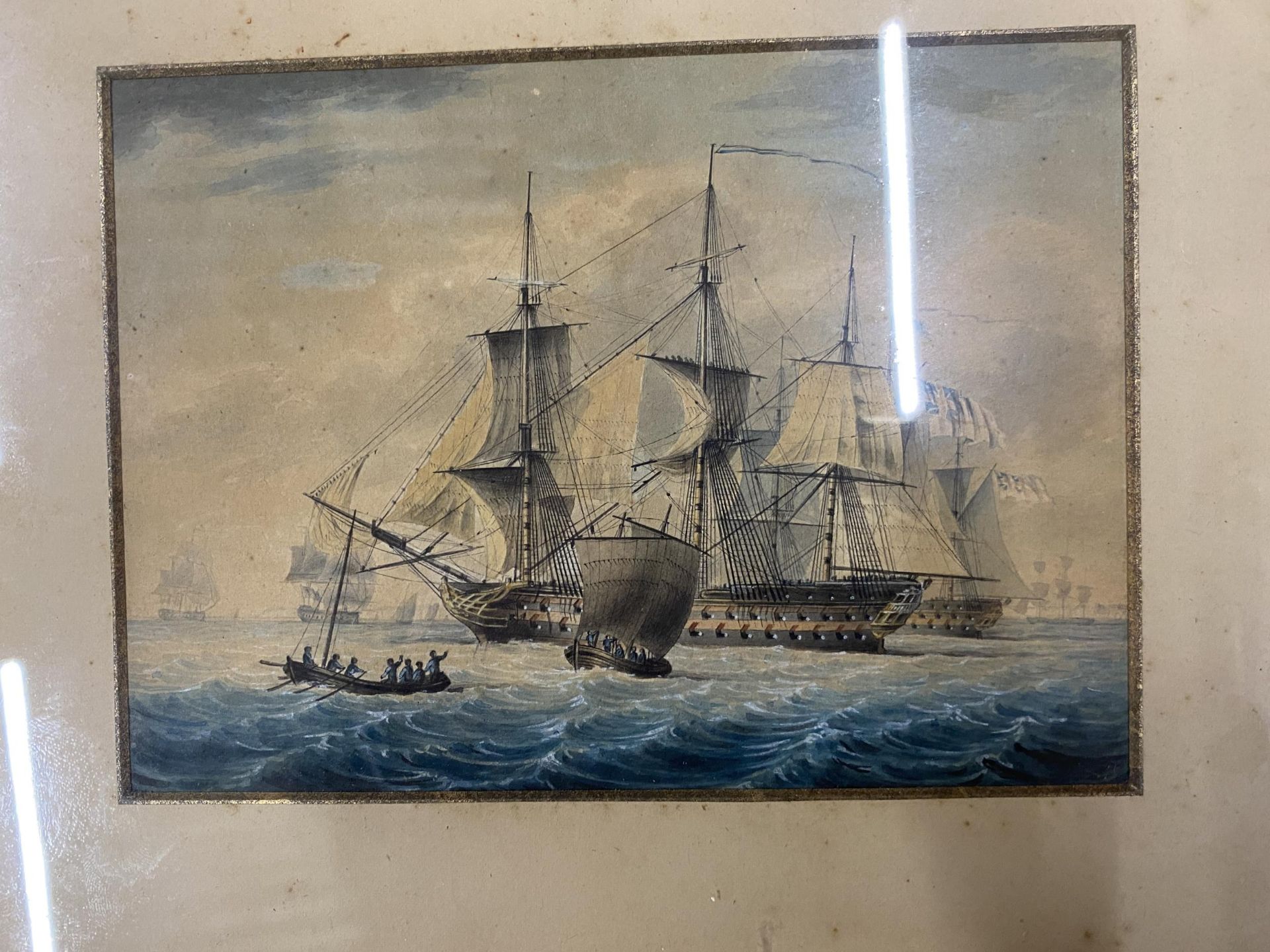 A PAIR OF EARLY 20TH CENTURY MARITIME / NAVAL GILT FRAMED WATERCOLOURS OF SHIPS, LABELS VERSO, 24 - Image 4 of 8