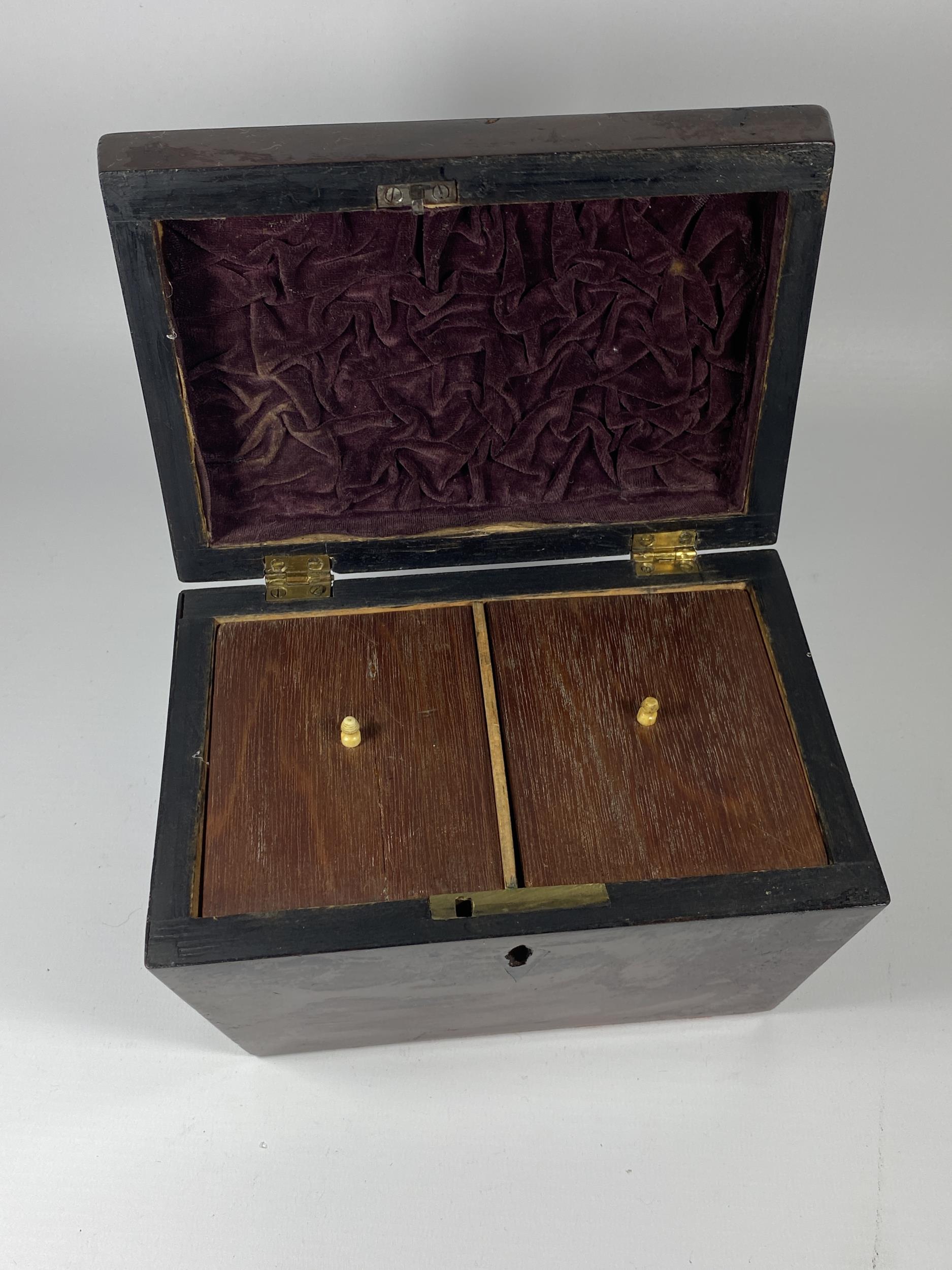 A 19TH CENTURY MAHOGANY VENEERED TEA CADDY WITH INNER BONE HANDLED LIDS, HEIGHT 13CM - Image 2 of 3