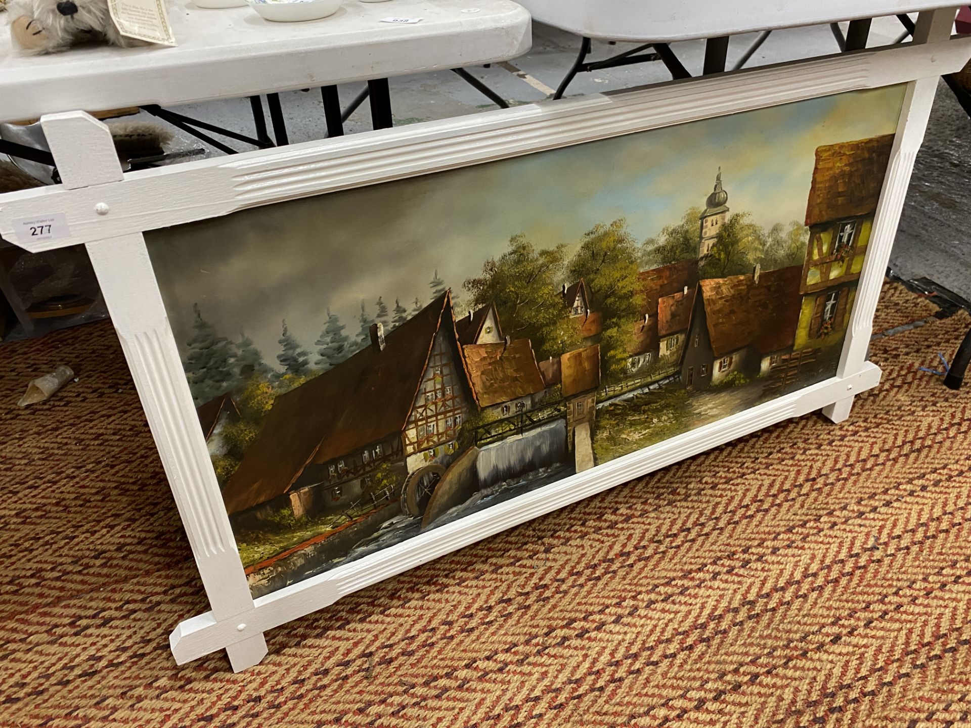 GERMAN VILLAGE WITH WATERMILL, OIL ON CANVAS, INDISTINCTLY SIGNED, 50X100CM, FRAMED